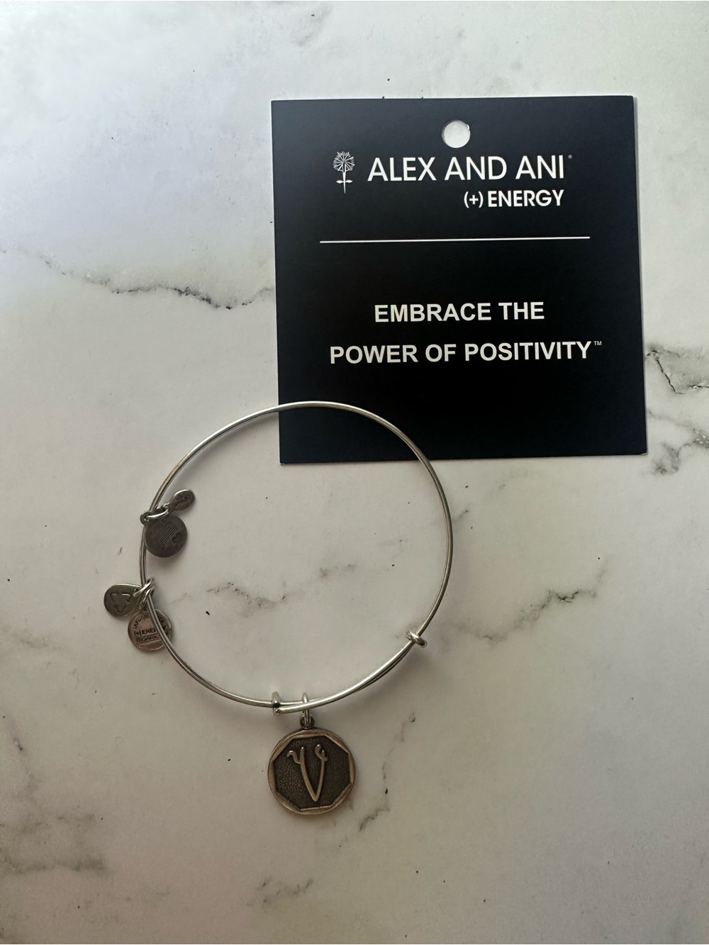 Alex and Ani Silver Tone “V” Initial Charm Bangle Bracelet